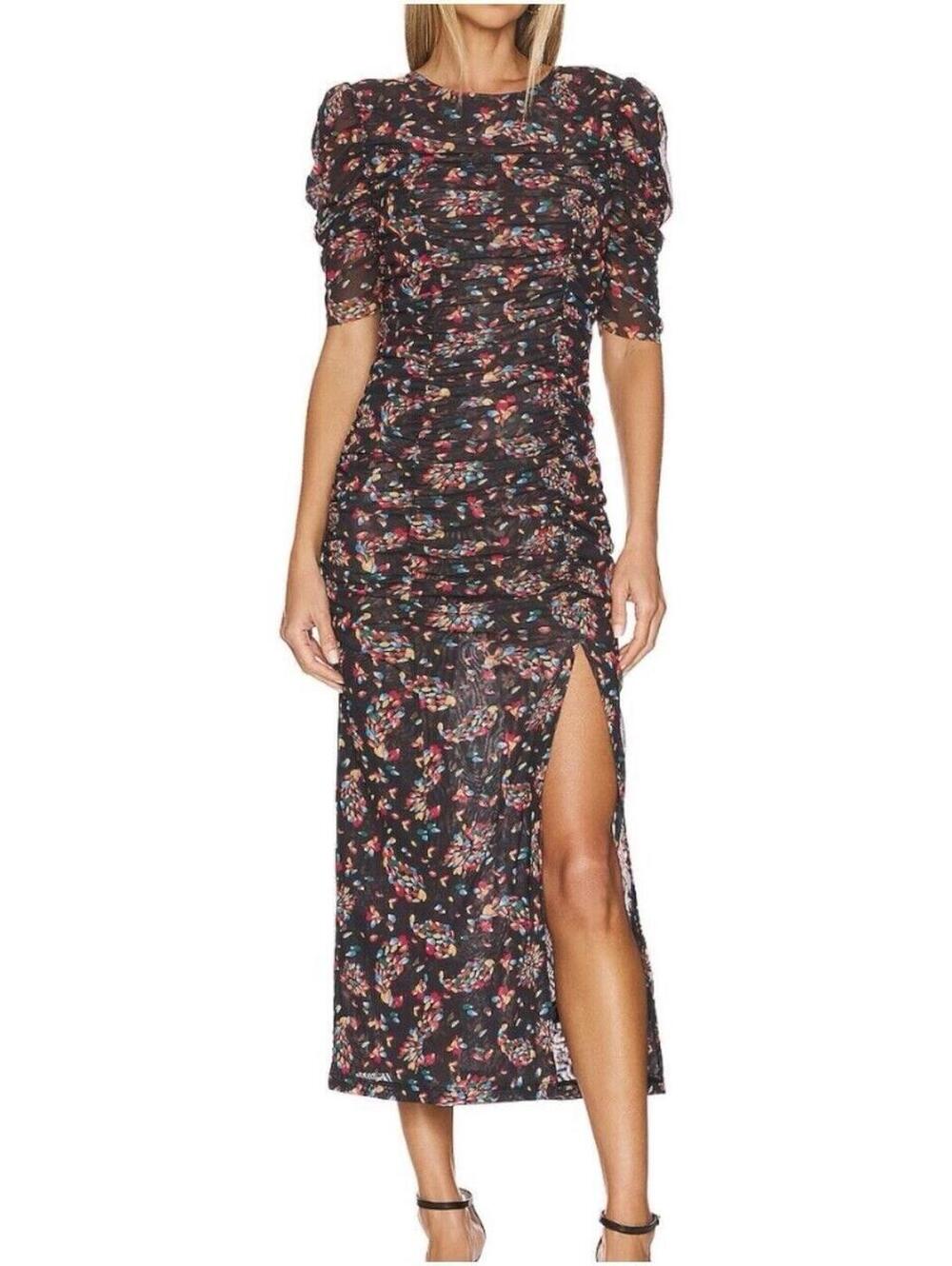 NEW! Free People Briella Midi Dress Twilight Combo Black Floral Ruched XS